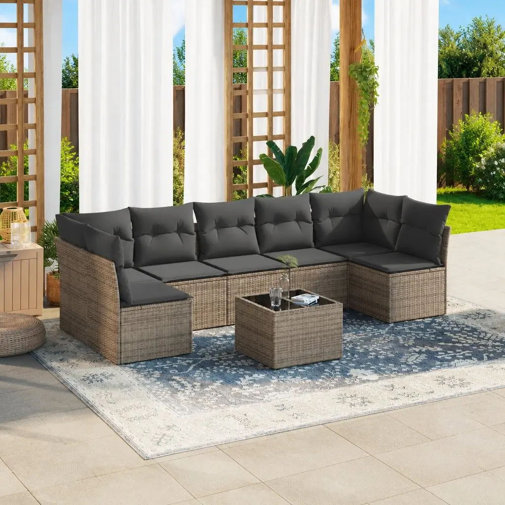 Outdoor Furniture Set 8 Piece Grey Rattan Sofa with Storage Cushions and Glass Table for Patios and Backyards
