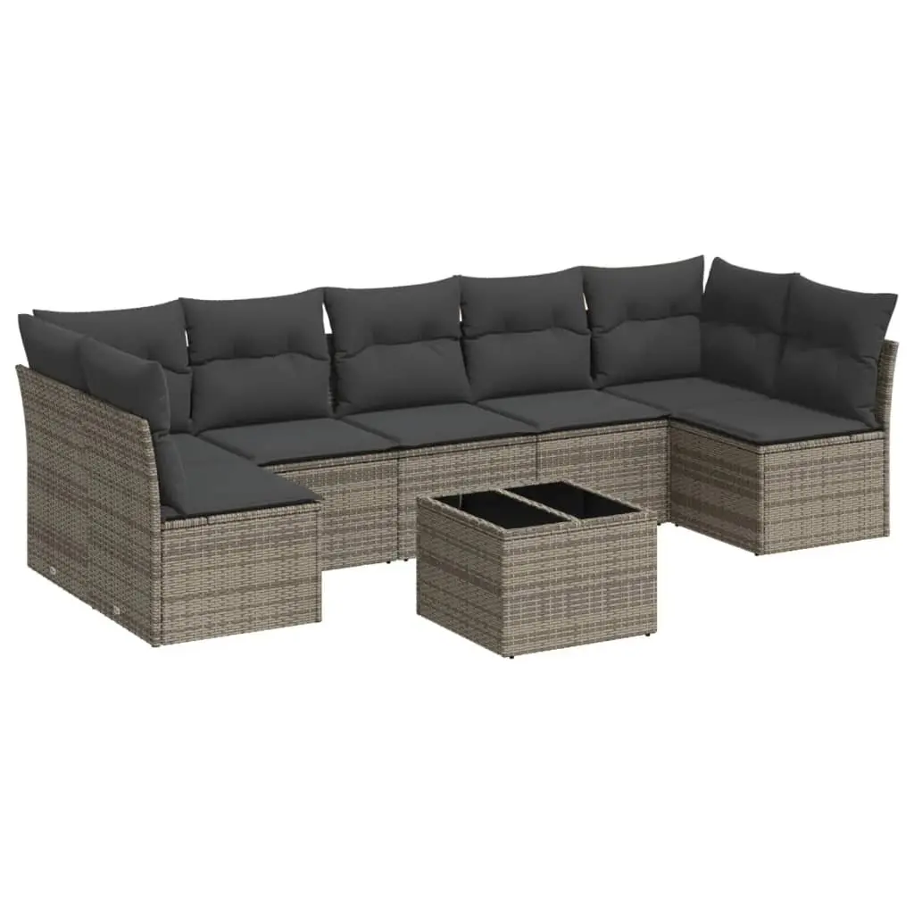 Outdoor Furniture Set 8 Piece Grey Rattan Sofa with Storage Cushions and Glass Table for Patios and Backyards