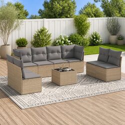 Beige Outdoor Sofa Set: 9 Pieces with Cushions
