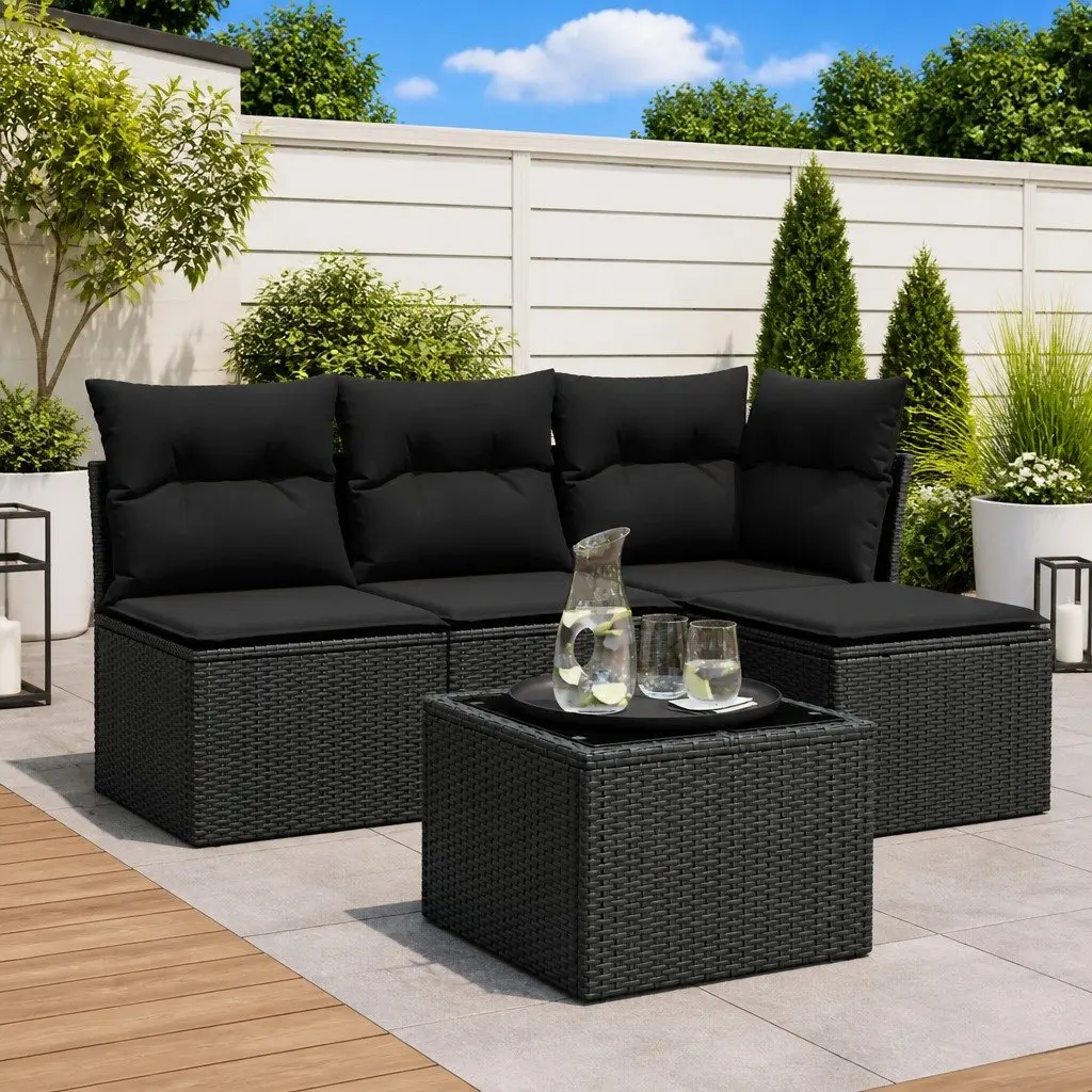 5 Piece Garden Sofa Set Outdoor Furniture Black Cushions Rattan