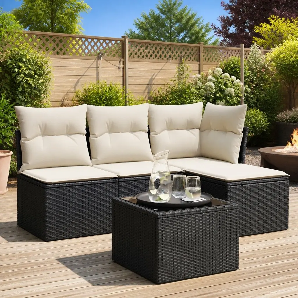 Garden Sofa Set 5 Piece Outdoor Furniture Black Poly Rattan Patio Seating with