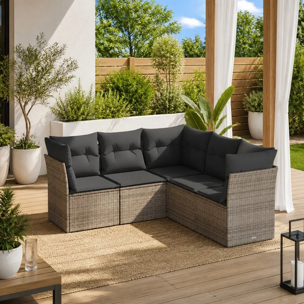 Garden Sofa Set 5 Piece Outdoor Furniture Grey Poly Rattan with Cushions
