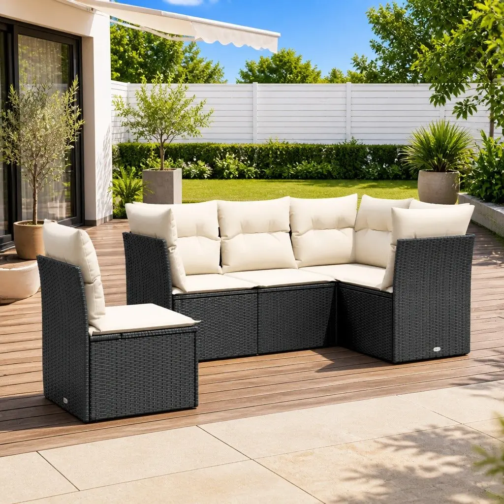 Garden Sofa Set Modular Outdoor Furniture 5 Piece Black Poly Rattan