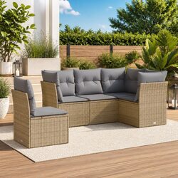 5 Piece Garden Sofa Set Outdoor Patio Furniture Beige Poly Rattan with Cushions