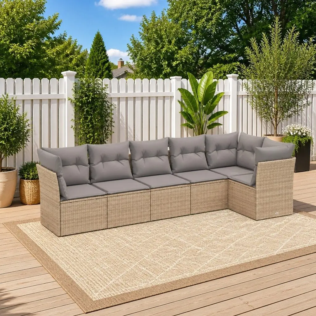 Garden Sofa Set 6 Piece Outdoor Furniture Beige Poly Rattan Patio Seating