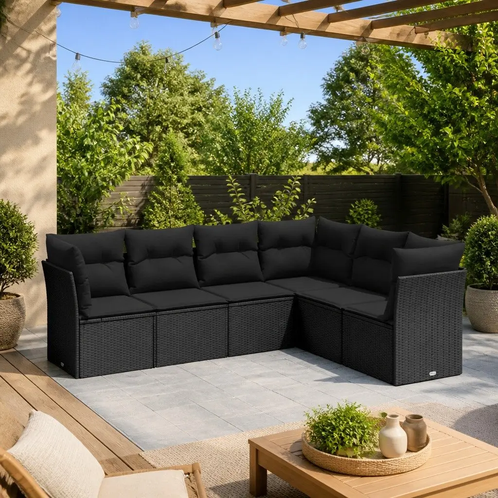 6 Piece Garden Sofa Set Modular Outdoor Furniture Black Poly Rattan with Cushions