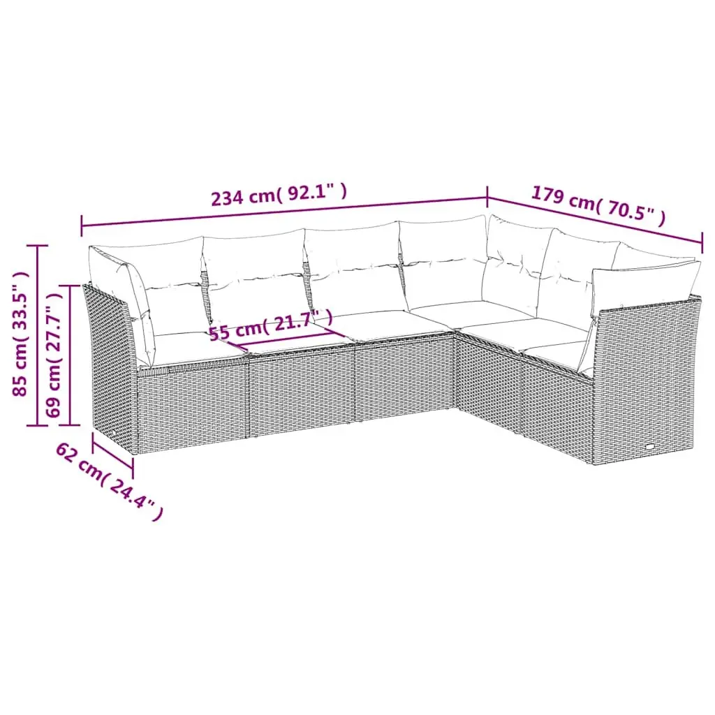 6 Piece Garden Sofa Set Modular Outdoor Furniture Black Poly Rattan with Cushions