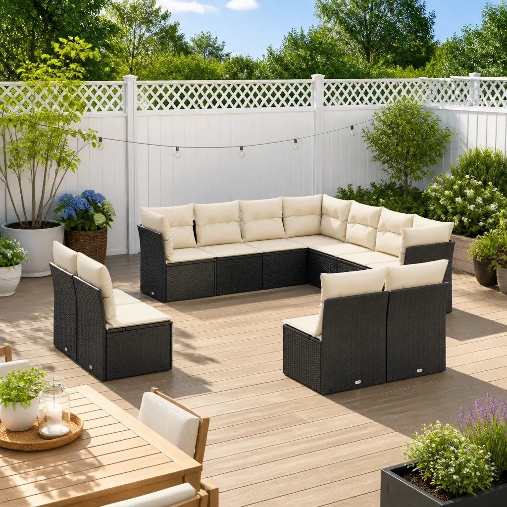 Garden Sofa Set 11 Piece Outdoor Patio Furniture Black Poly Rattan Modular