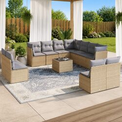 Garden Sofa Set 12 Piece Outdoor Furniture Patio Beige Poly Rattan with Cushions