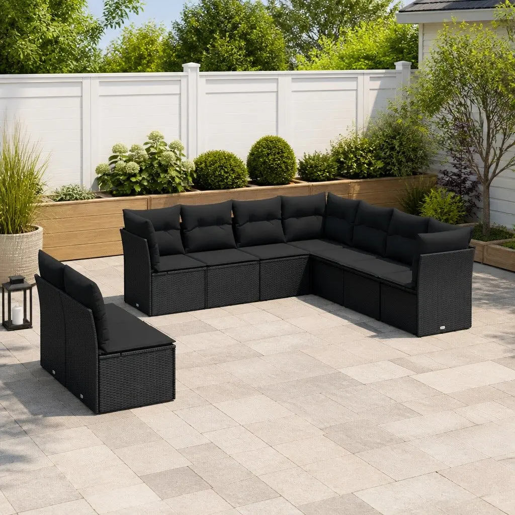 Garden Sofa Set 9 Piece Outdoor Furniture Black Poly Rattan Patio Sectional