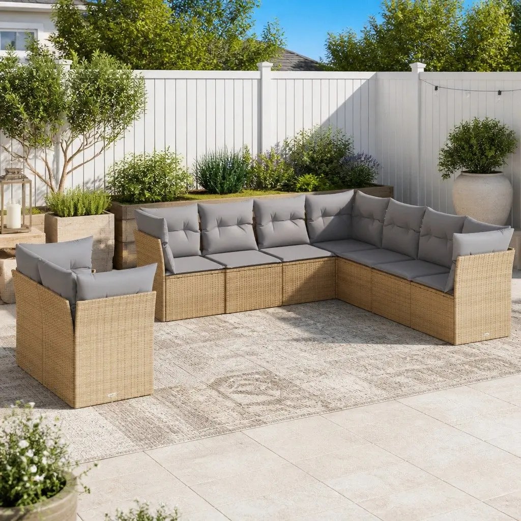 9 Piece Outdoor Sofa Set for Patio Use in Beige with Water-Resistant Cushions and Durable Poly Rattan Construction