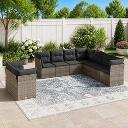 Garden Sofa Set 9 Piece Outdoor Furniture Grey Poly Rattan Patio Seating with