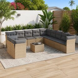 Garden Sofa Set 12 Piece Outdoor Furniture Patio Beige Poly Rattan with Cushions