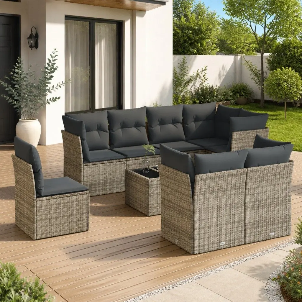 Garden Sofa Set 9 Piece Outdoor Furniture Patio Lounge Grey Poly Rattan