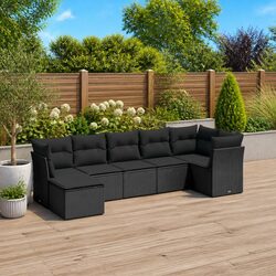 7 Piece Outdoor Garden Sofa Set with Cushions Black Poly Rattan Patio Furniture
