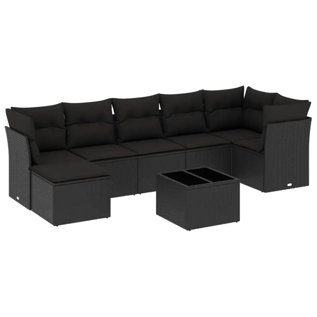 Outdoor Furniture Set 8 Piece Black Poly Rattan Garden Sofa with Cushions and Tempered Glass Tabletop