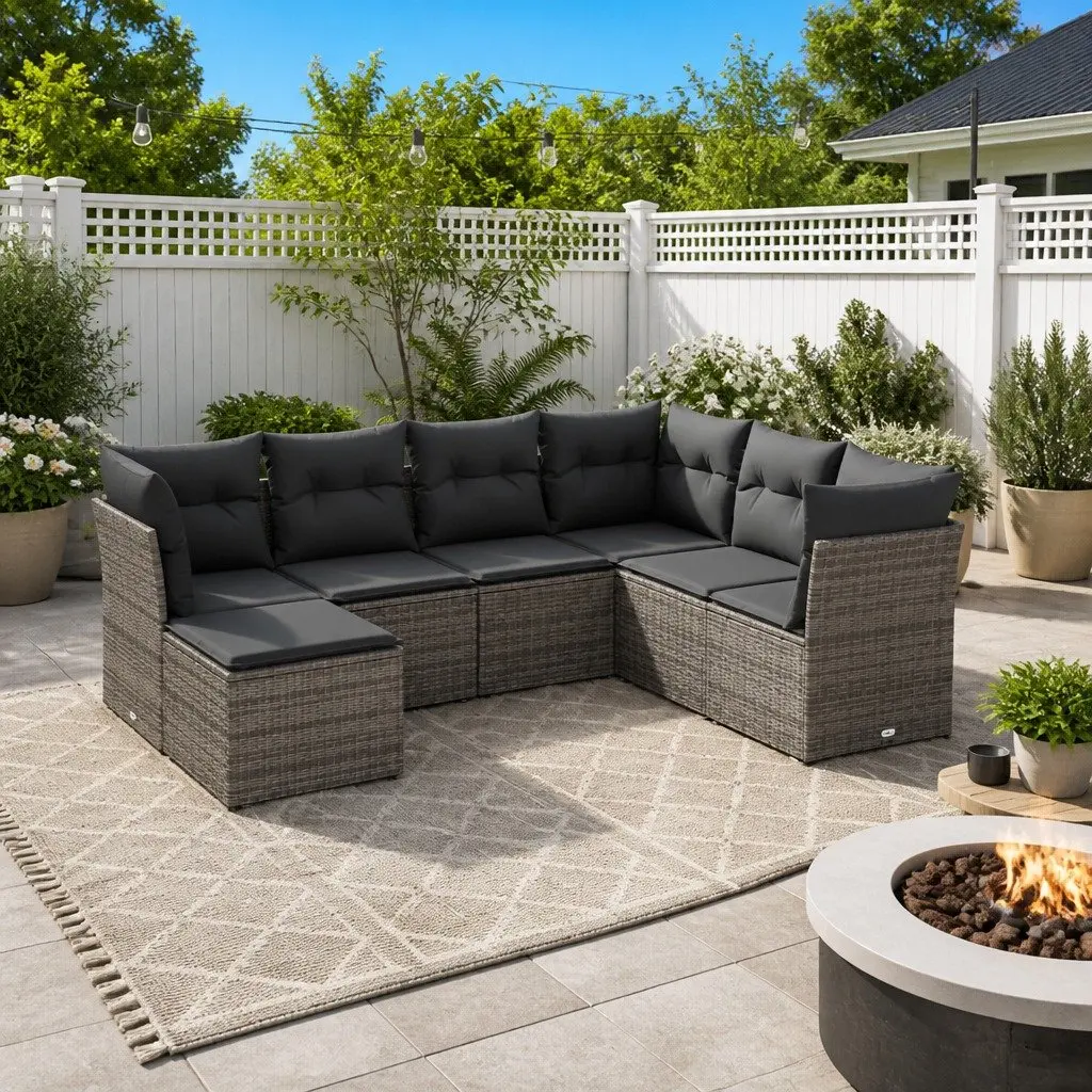 7 Piece Outdoor Garden Sofa Set Storage Grey Poly Rattan Patio Furniture