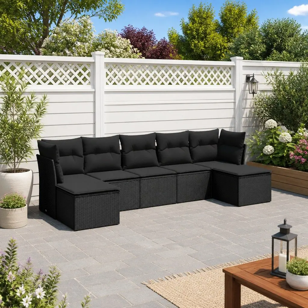 Garden Sofa Set 7 Piece Outdoor Furniture Black Poly Rattan Modular Patio