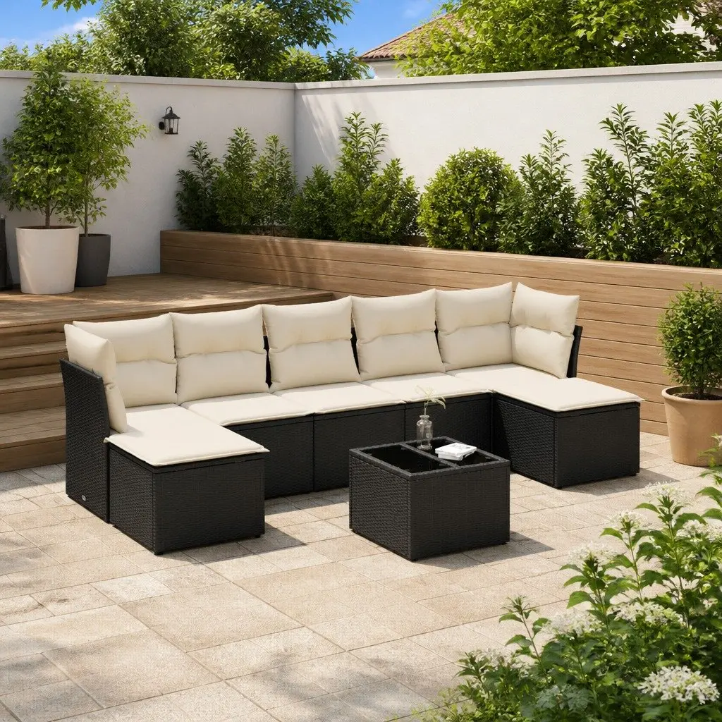8 Piece Outdoor Garden Sofa Set with Storage Cushions Black Poly Rattan