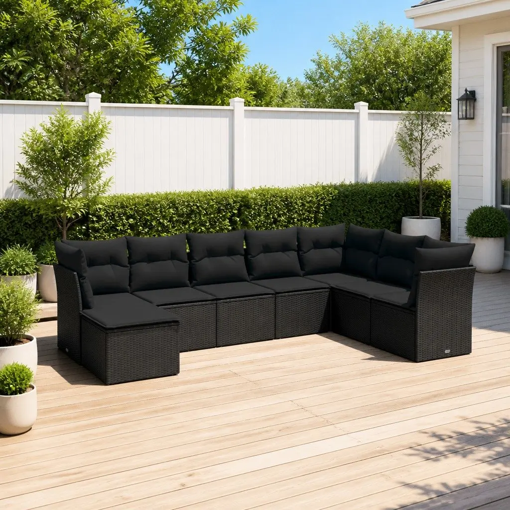 Outdoor Garden Sofa Set 8 Piece Black Poly Rattan Patio Furniture with Cushions