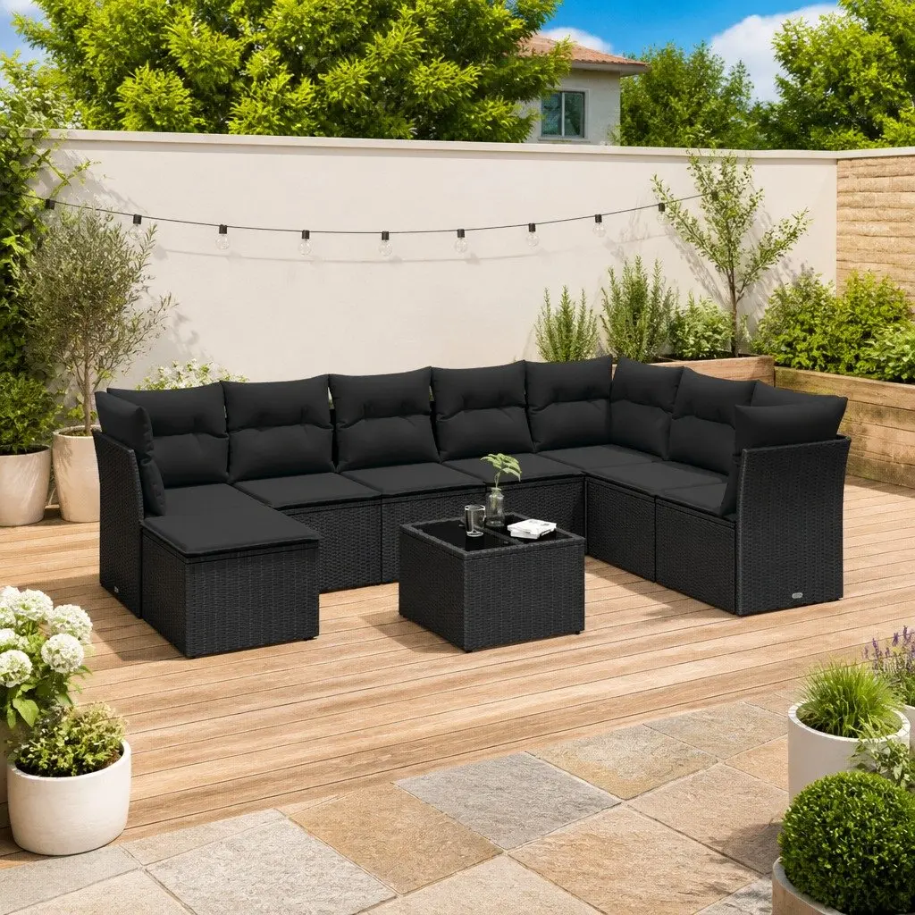 Garden Sofa Set 9 Piece Outdoor Patio Furniture Black Poly Rattan with Cushions