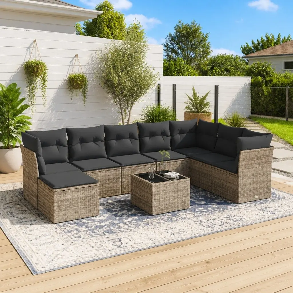 Garden Sofa Set 9 Piece Outdoor Furniture Grey Poly Rattan with Storage