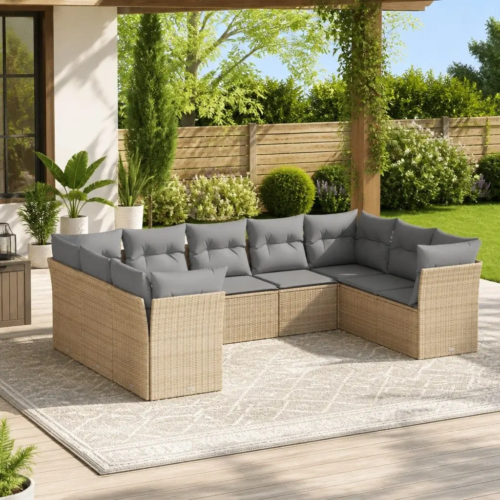 Garden Sofa Set 9 Piece Outdoor Furniture Beige PE Rattan Patio Seating