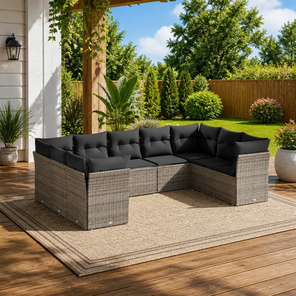 Garden Sofa Set 9 Piece Outdoor Furniture Grey Poly Rattan Cushions