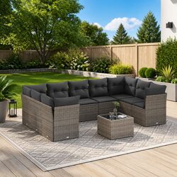 Garden Sofa Set 10 Piece Outdoor Furniture with Cushions Grey Poly Rattan Patio