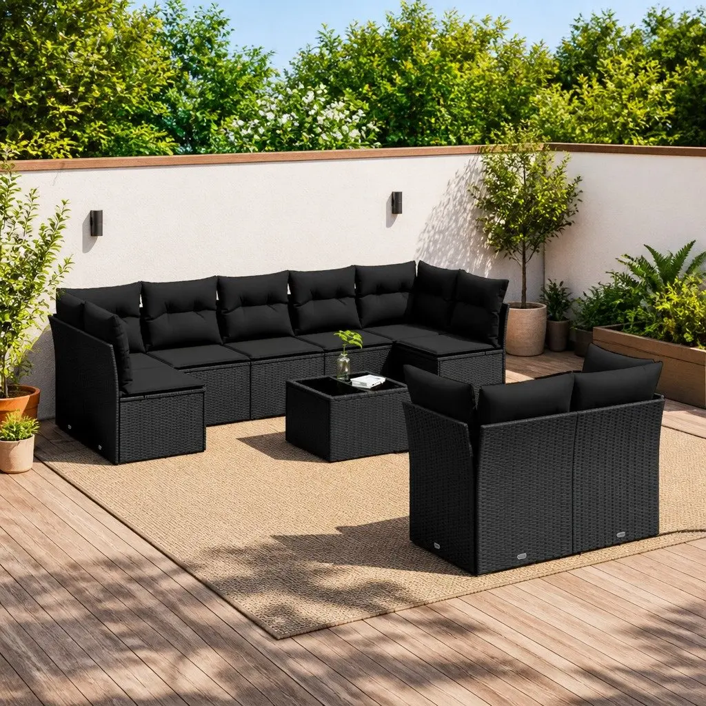 Garden Sofa Set 10 Piece Outdoor Furniture Modular Black Poly Rattan