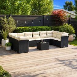 Garden Sofa Set 11 Piece Outdoor Patio Furniture Black Poly Rattan with Cushions