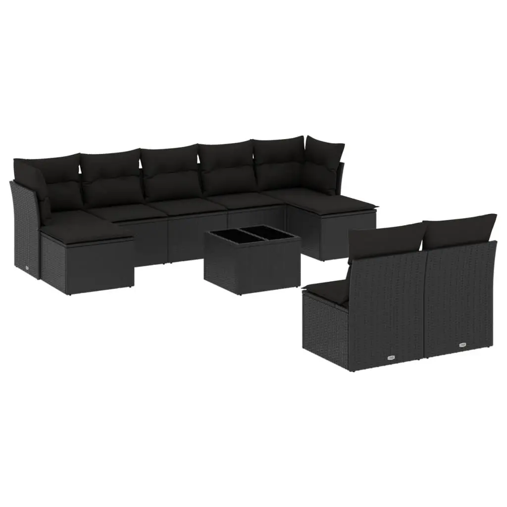10 Piece Outdoor Garden Sofa Set Black Poly Rattan Patio Furniture with Cushions and Storage Bags