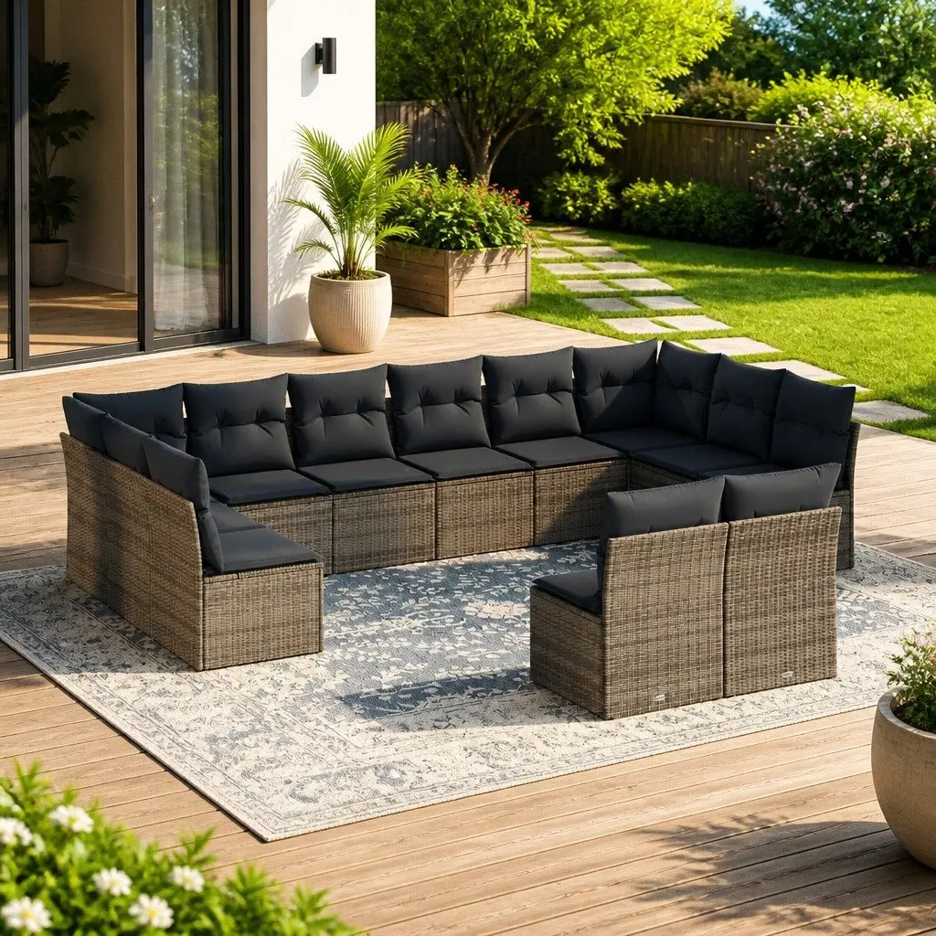 Garden Sofa Set 12 Piece Outdoor Furniture Modular Grey Poly Rattan