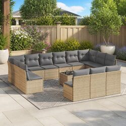 Garden Sofa Set 14 Piece Outdoor Furniture Patio Beige Poly Rattan with Cushions