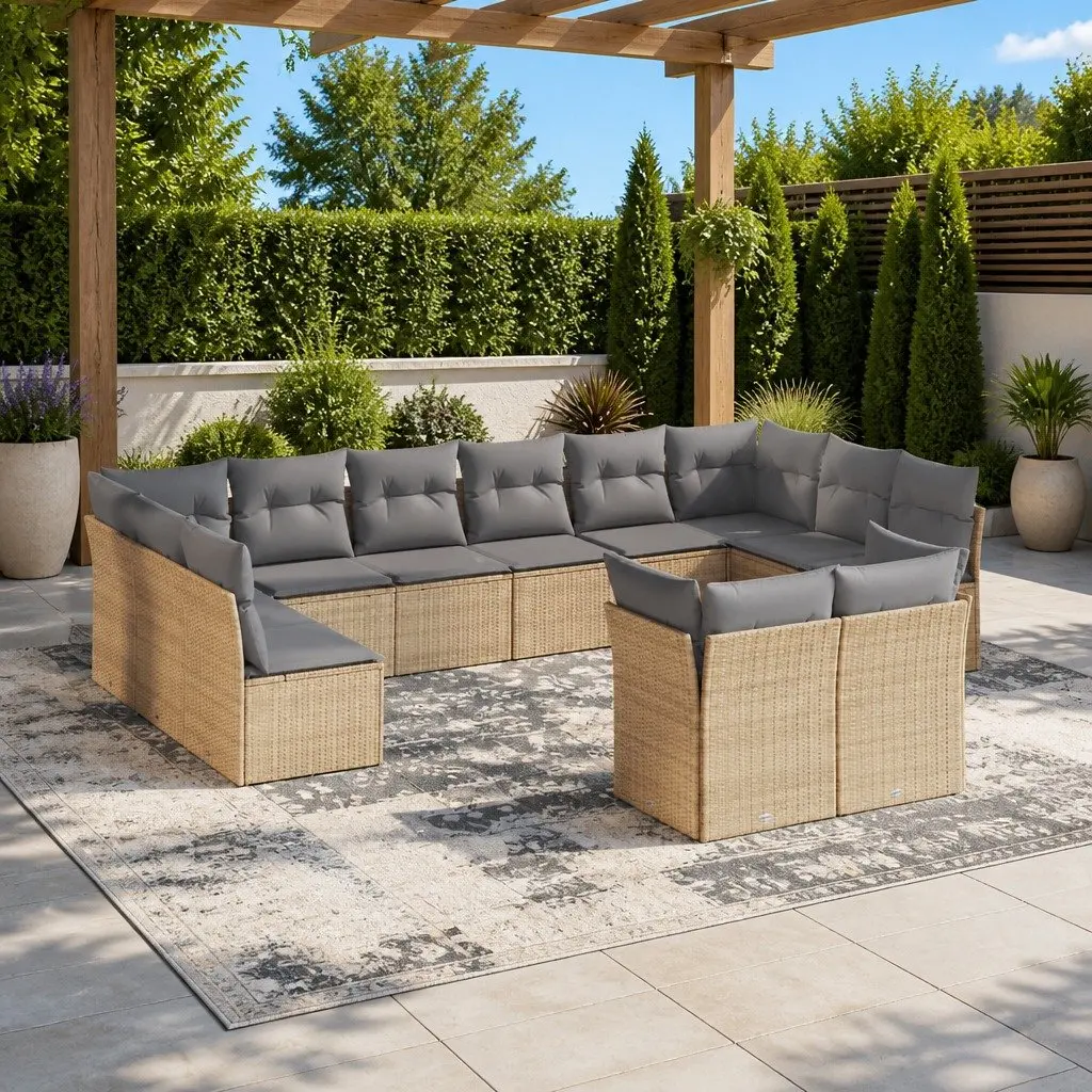 Garden Sofa Set 12 Piece Outdoor Furniture Beige Poly Rattan Modular Seating