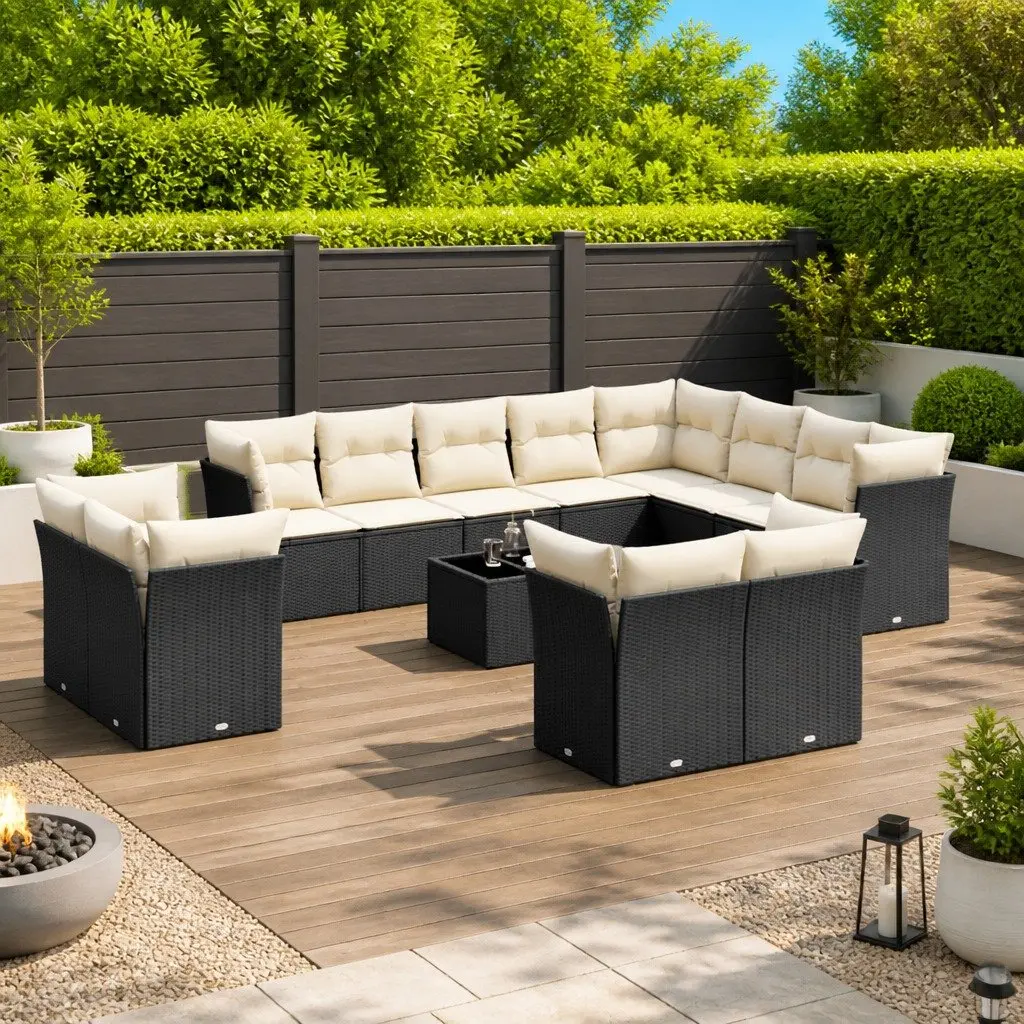 Outdoor Furniture Set 13 Piece Garden Sofa Black Poly Rattan Modular Seating with Tempered Glass Top