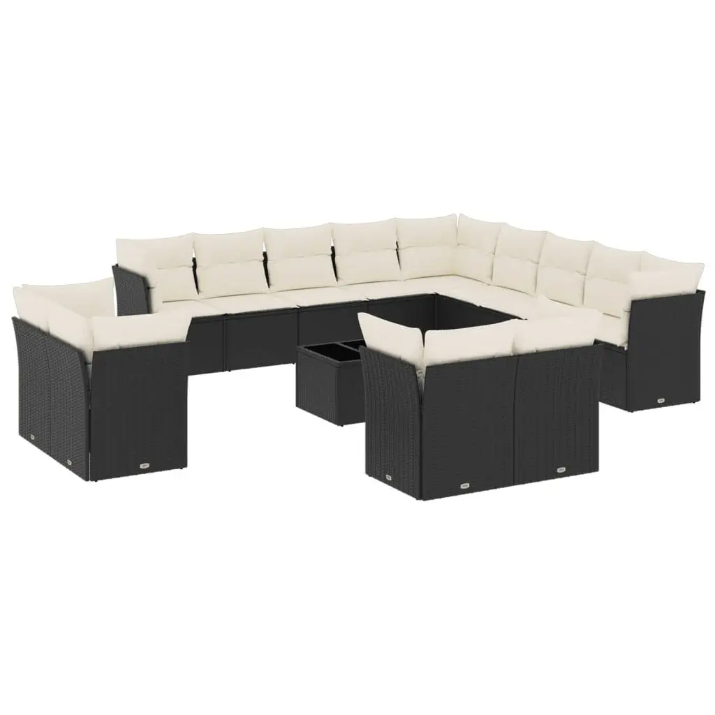 Outdoor Furniture Set 14 Piece Black PE Rattan Garden Sofa Modular with Storage Cushions and Tempered Glass Table