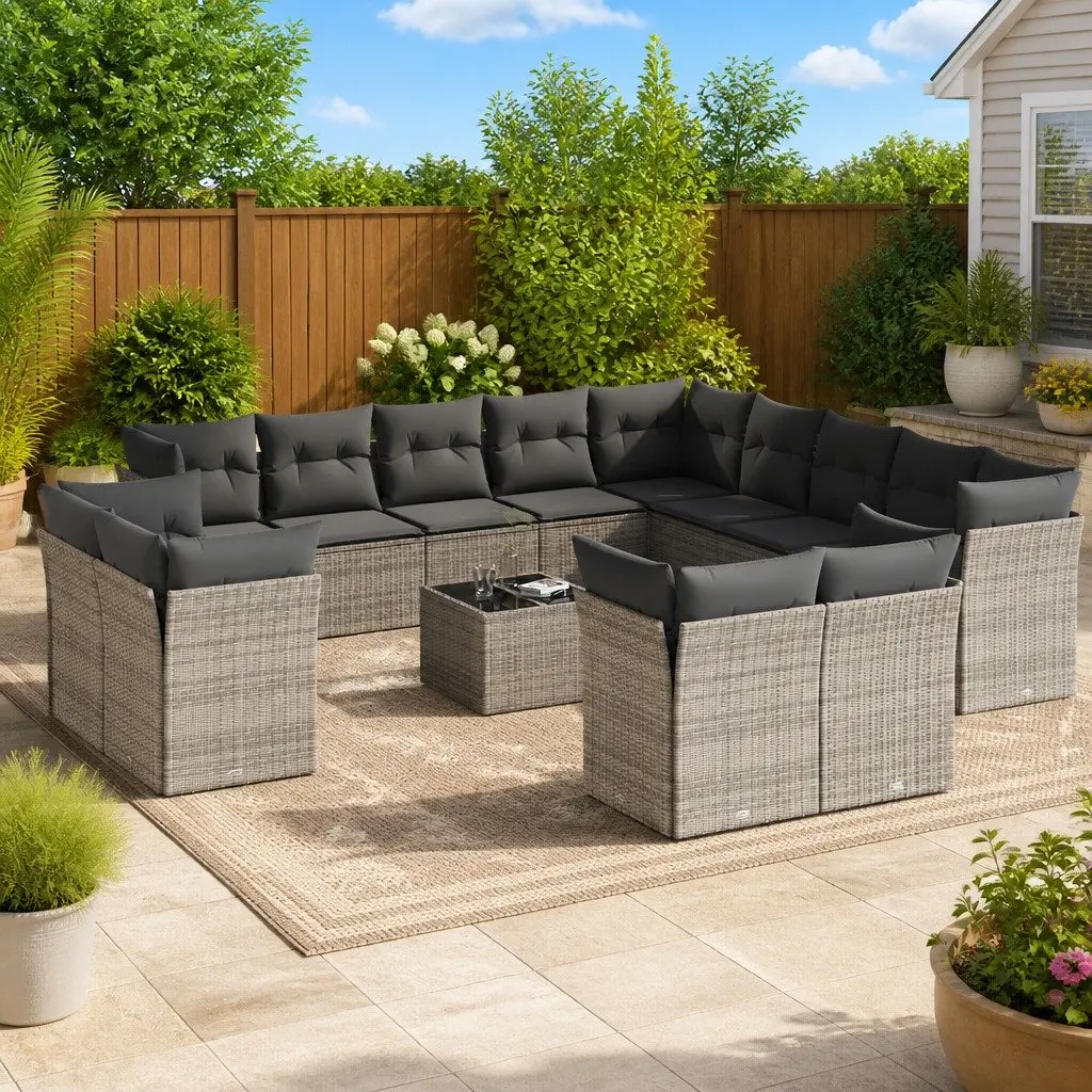 Outdoor Sectional Sofa Set 14 Piece Modular Grey Patio Furniture Poly Rattan