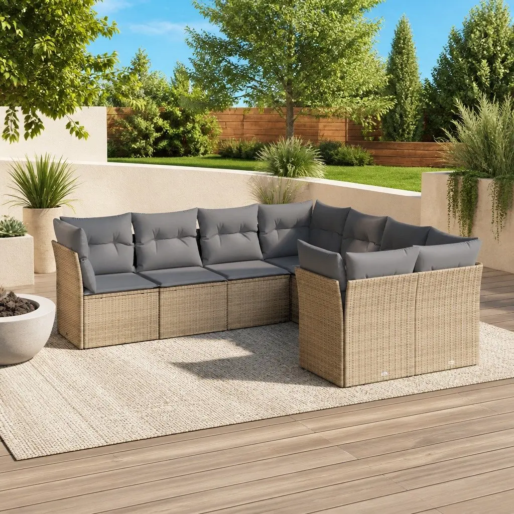 Outdoor Garden Sofa Set 8 Piece Modular Beige Poly Rattan Patio Furniture