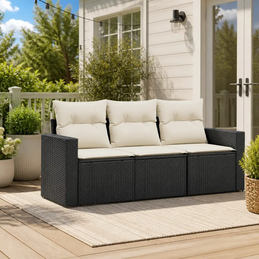 Outdoor Sectional Sofa Set 3 Piece Black Poly Rattan Garden Furniture with