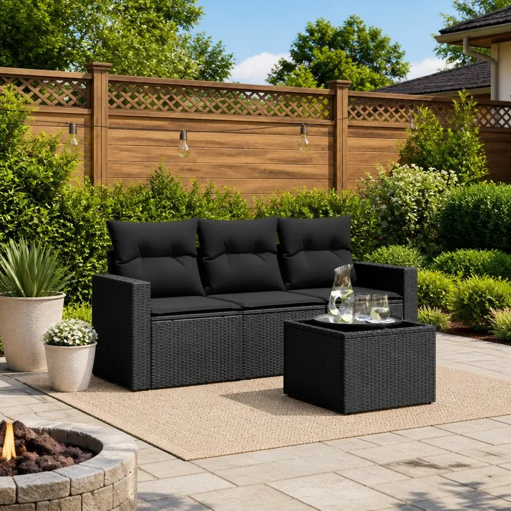 4-Piece Black Rattan Sofa Set