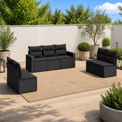 Comfortable 7 Piece Black Poly Rattan Sofa Set for Outdoors