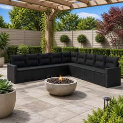 10 Piece Outdoor Garden Sofa Set Black Poly Rattan Sectional with Cushions