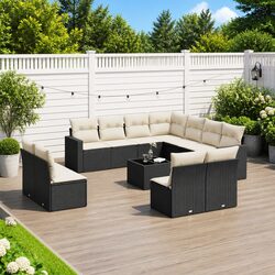12 Piece Outdoor Sectional Sofa Set Black Poly Rattan Garden Furniture with