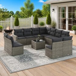 12 Piece Grey Garden Sofa Set Modular Outdoor Sectional with Storage Cushions