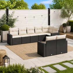 8 Piece Outdoor Garden Sofa Set with Cushions Storage Black Poly Rattan