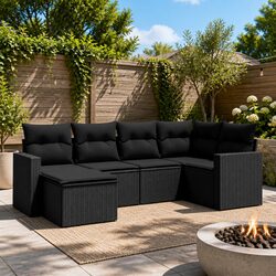 Outdoor Sectional Sofa Set 6 Piece Garden Furniture Black Poly Rattan Modular