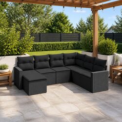 7 Piece Garden Sofa Set Black Poly Rattan Outdoor Sectional with Storage