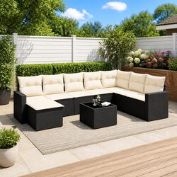 Outdoor Sectional Sofa Set 9 Piece Black Poly Rattan Garden Furniture Patio