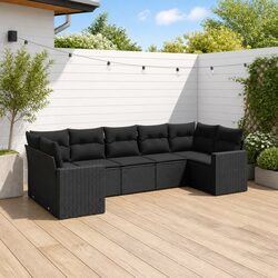 7 Piece Outdoor Garden Sofa Set Black Poly Rattan Sectional with Cushions